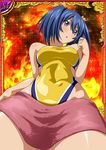  00s 1girl bashoku_youjou blue_hair breasts card_(medium) cleavage curvy female hair_ornament ikkitousen large_breasts looking_at_viewer navel one-piece_swimsuit purple_eyes short_twintails solo swimsuit twintails 
