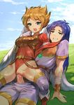  1boy 1girl blonde_hair blue_hair boots breath_of_fire breath_of_fire_i capcom clothed_sex female gao-lukchup gloves green_eyes highres leotard leotard_aside long_hair nina_(breath_of_fire_i) open_mouth outdoors pussy pussy_juice reverse_cowgirl_position ryuu_(breath_of_fire_i) sex shade short_hair straddling tears uncensored vaginal wavy_mouth wince wings 