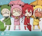  4girls :&lt; :d animal_hood blonde_hair blush blush_stickers boots closed_eyes coat dark_skin dual_persona engiyoshi frog_hood green_coat green_footwear green_umbrella highres hood i-168_(kantai_collection) i-58_(kantai_collection) june kantai_collection long_hair multiple_girls open_mouth pink_coat pink_footwear pink_hair pink_umbrella ponytail rain raincoat red_coat red_eyes red_footwear red_hair red_umbrella ro-500_(kantai_collection) rubber_boots short_hair smile u-511_(kantai_collection) umbrella white_hair yellow_coat yellow_footwear yellow_umbrella 