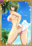  00s 1girl ass beach breasts card_(medium) curvy female green_hair huge_ass ikkitousen kyocho_chuukou large_breasts looking_at_viewer looking_back shiny_skin smile 