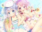  :d bare_shoulders bikini blue_eyes blue_hair blush braid breasts collarbone commentary dress flower food gochuumon_wa_usagi_desu_ka? hair_bun hair_flower hair_ornament hair_up hoto_cocoa ice_cream innertube kafuu_chino large_breasts looking_at_viewer mitsumomo_mamu multiple_girls open_mouth orange_hair polka_dot polka_dot_bikini polka_dot_dress red_eyes smile sundress swimsuit tippy_(gochiusa) waving 