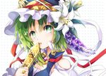  aqua_eyes bare_shoulders blue_hat blue_vest brooch eyebrows_visible_through_hair flower frilled_hat frills green_hair hat hat_flower hat_leaf hat_ribbon high_collar jewelry lily_(flower) looking_at_viewer open_mouth portrait red_ribbon ribbon ring rod_of_remorse shiki_eiki short_hair shoulder_cutout solo touhou vest white_background white_flower white_ribbon yamadori_ofuu 