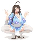  aa_megami-sama ahoge alternate_breast_size black_hair breasts brown_eyes cleavage facial_mark forehead_mark huge_breasts japanese_clothes kimono long_hair looking_at_viewer skuld solo squatting stormcow thighhighs 