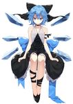  arm_ribbon black_bow black_dress black_footwear black_ribbon blue_eyes blue_hair blue_wings bow choker cirno collarbone commentary_request dress full_body hair_between_eyes hair_bow highres ice ice_wings kasuka_(kusuki) looking_at_viewer older ribbon shoes short_hair simple_background sleeveless solo touhou white_background wings 