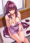  apron bangs bare_shoulders blush breasts cleavage collarbone commentary_request counter eggplant eyebrows_visible_through_hair fate/grand_order fate_(series) hair_intakes hand_on_lap kitchen ladle large_breasts legs long_hair looking_at_viewer looking_up naked_apron ponytail purple_apron purple_hair red_eyes scathach_(fate)_(all) scathach_(fate/grand_order) sengoku_aky sitting smile solo thighs very_long_hair 