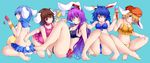  ;) absurdres alternate_costume animal_ears bangs bare_legs barefoot bikini breasts bunny_ears choker cleavage collarbone commentary_request food frilled_bikini frilled_choker frills full_body highres ice_cream inaba_tewi ishimu knees_together_feet_apart large_breasts long_hair looking_at_another looking_at_viewer low_twintails medium_breasts multiple_girls navel one_eye_closed parted_lips popsicle red_eyes reisen reisen_udongein_inaba ringo_(touhou) scrunchie seiran_(touhou) short_hair sitting smile stomach swimsuit touhou trait_connection twintails wrist_scrunchie 