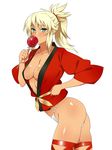  aqua_eyes blonde_hair blush breasts candy_apple cleavage fate/apocrypha fate_(series) food fundoshi happi highres japanese_clothes kagemusha looking_at_viewer medium_breasts mordred_(fate) mordred_(fate)_(all) ponytail simple_background smile solo tan thighhighs white_background 