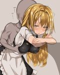  1girl apron bangs blonde_hair blush breast_grab breasts clothed_female_nude_male commentary_request crossed_arms drooling eyebrows_visible_through_hair faceless faceless_male frilled_apron frills grabbing grabbing_from_behind grey_background heavy_breathing hetero kirisame_marisa leaning_forward long_hair medium_breasts motion_lines nude open_mouth saliva short_sleeves simple_background touhou trembling waist_apron white_apron yellow_eyes zuttokodomo 