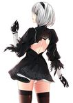  absurdres back_cutout bare_back black_dress black_hairband black_legwear blindfold blush commentary_request covered_eyes cowboy_shot dress feather-trimmed_sleeves from_behind hairband haruka_(pixiv) highres juliet_sleeves leotard long_sleeves mole mole_under_mouth nier_(series) nier_automata parted_lips profile puffy_sleeves short_hair silver_hair simple_background solo thighhighs white_background white_leotard yorha_no._2_type_b 