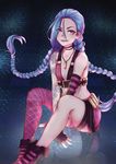  absurdres black_footwear blue_hair braid breasts bullet bullet_casing fingerless_gloves gloves highres jewelry jinx_(league_of_legends) league_of_legends long_hair looking_at_viewer midriff necklace pink_eyes pink_legwear reflection shoes single_thighhigh sitting small_breasts smile solo tattoo thewindr thighhighs twin_braids twintails very_long_hair 