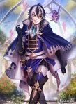  a black_hair book boots bow bowtie cape copyright_name crystal day dragon feet_out_of_frame flower force_of_will fur_trim gloves leaf male_focus millium_(force_of_will) multicolored_hair official_art orange_eyes rose sky solo tail teeth two-tone_hair white_hair wings 