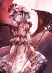  ascot bad_id bad_pixiv_id bat_wings brooch commentary_request dress full_moon gungnir_(weapon) hat hat_ribbon highres jan_(lightdragoon) jewelry lavender_hair looking_at_viewer mob_cap moon puffy_short_sleeves puffy_sleeves red_eyes remilia_scarlet ribbon sash short_sleeves smile solo touhou white_dress wings wrist_cuffs 
