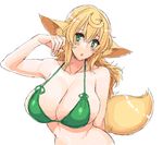  ahoge angelo_(gomahangetsu) animal_ears arm_behind_back bare_shoulders bikini breasts cleavage collarbone green_bikini green_eyes hair_between_eyes hand_up head_tilt kaori-san_(angelo) large_breasts long_hair looking_at_viewer open_mouth original solo swimsuit tail wavy_hair 