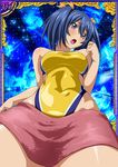  00s 1girl bashoku_youjou blue_hair breasts card_(medium) cleavage curvy female hair_ornament ikkitousen large_breasts looking_at_viewer navel one-piece_swimsuit purple_eyes short_twintails solo swimsuit twintails 