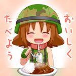  :d animal_ears army-san brown_hair collar curry curry_rice dog_collar dog_ears dog_tags fingerless_gloves food gloves helmet military military_uniform omu_zukin open_mouth pixel_maritan rice smile translation_request uniform 