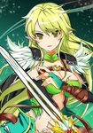  breasts cleavage elf elsword gloves green_eyes green_hair hamericano highres large_breasts long_hair looking_at_viewer navel night_watcher_(elsword) pointy_ears rena_(elsword) solo sword weapon 