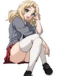  black_neckwear blazer blonde_hair blouse blue_eyes blue_footwear cross-laced_footwear crossed_legs dress_shirt eyebrows_visible_through_hair full_body girls_und_panzer grey_jacket hair_intakes hand_on_own_face jacket kay_(girls_und_panzer) long_hair long_sleeves looking_at_viewer miniskirt necktie open_clothes open_jacket open_mouth panties pantyshot pantyshot_(sitting) pleated_skirt red_skirt rinoko saunders_school_uniform school_uniform shirt shoes simple_background sitting sketch skirt sleeves_rolled_up smile sneakers solo thighhighs thighs underwear white_background white_blouse white_legwear white_panties 