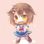  brown_hair chibi full_body furutaka_(kantai_collection) hair_ornament hairclip heterochromia kantai_collection kouu_hiyoyo lowres open_mouth pink_background school_uniform serafuku short_hair simple_background single_thighhigh solo standing thighhighs wavy_mouth 