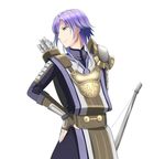  arrow bow_(weapon) fingerless_gloves fire_emblem fire_emblem_echoes:_mou_hitori_no_eiyuuou gloves hand_on_hip kakiko210 leo_(fire_emblem) long_hair looking_to_the_side makeup male_focus purple_eyes purple_hair quiver simple_background solo upper_body weapon white_background 