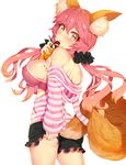  animal_ears bare_shoulders breasts fate/extra fate_(series) fox_ears fox_tail highres large_breasts long_hair looking_at_viewer looking_to_the_side pink_hair shirt shorts sideboob solo striped striped_shirt tail tamamo_(fate)_(all) tamamo_no_mae_(fate) thighs yellow_eyes yuruto 