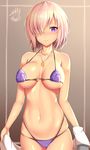 adapted_costume bare_arms bikini blush breasts cameltoe closed_mouth cowboy_shot dangerous_beast fate/grand_order fate_(series) hair_over_one_eye highres jewelry large_breasts looking_at_viewer mash_kyrielight navel necklace o-ring o-ring_top pink_hair purple_bikini purple_eyes short_hair standing stomach swimsuit underboob zukky 