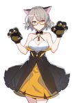  animal_ears bare_shoulders bikini breasts cat_ears claw_pose cleavage closed_mouth cowboy_shot criss-cross_halter detached_collar dress earrings expressionless eyebrows_visible_through_hair girls_frontline glasses gloves grey_hair halterneck highres jack-o'-lantern jack-o'-lantern_earrings jewelry looking_at_viewer medium_breasts paw_gloves paws semi-rimless_eyewear short_hair simple_background single_earring solo supernew swimsuit underbust vector_(girls_frontline) white_background yellow-framed_eyewear yellow_bikini 