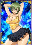  00s 1girl bare_legs breasts card_(medium) curvy female green_hair ikkitousen kyocho_chuukou large_breasts looking_at_viewer no_bra shiny_skin short_hair skirt 