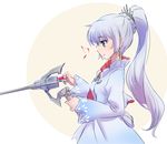  blue_eyes bullet commentary dress earrings eighth_note gun handgun iesupa jacket jewelry long_hair musical_note myrtenaster no_scar ponytail reloading revolver rwby smile solo weapon weiss_schnee white_dress white_hair 