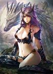  armor bare_shoulders bikini_armor breasts cleavage collarbone commentary_request dragon gauntlets greaves headgear large_breasts long_hair looking_at_viewer momose_hisashi navel original purple_eyes purple_hair sitting smile stomach yokozuwari 