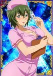  00s 1girl breasts card_(medium) female green_hair hat ikkitousen kyocho_chuukou large_breasts looking_at_viewer nurse shiny_skin short_hair solo 