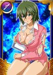  00s 1girl bare_legs breasts card_(medium) female green_hair ikkitousen kyocho_chuukou large_breasts looking_at_viewer no_bra shiny_skin short_hair skirt solo 