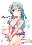  alternate_costume aqua_hair bare_shoulders barefoot breasts cleavage collarbone commentary_request eyebrows_visible_through_hair hair_ornament hairclip henet_hene kantai_collection large_breasts long_hair looking_at_viewer sitting solo suzuya_(kantai_collection) twitter_username wariza 