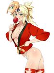  :p aqua_eyes artoria_pendragon_(all) ass blonde_hair blush breasts candy_apple cleavage fate/apocrypha fate_(series) food fundoshi happi highres japanese_clothes kagemusha looking_at_viewer mask medium_breasts mordred_(fate) mordred_(fate)_(all) ponytail saber simple_background smile solo thighhighs tongue tongue_out white_background 