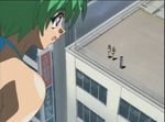  1boy 1girl animated animated_gif between_breasts bikini black_hair blue_eyes breasts giantess green_hair kakio_hazuki mouse_(anime) muon_sorata 