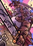 absurd_res anthro aurora_(garrus368) black_body black_fur canid facial_scar female fur garrus368 grey_hair hair hi_res mammal melee_weapon muscular muscular_anthro muscular_female purple_eyes scar solo sword warrior weapon wiffen_(specie)