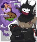 absurd_res anthro bandits begging black_body black_fur bodily_fluids bow_(weapon) clothed clothing defeated dialogue digestion digestion_implied duo eyes_closed felid feline forced fur gameplay_mechanics gui health_bar hi_res internal lagomorph leporid male mammal markings mask onomatopoeia oral_vore organs partially_clothed quick_time_event quiver_(object) rabbit ranged_weapon role_reversal scully_(holt8731) serval snowball_bunny_(character) snowballuk sound_effects spots spotted_markings stomach stomach_acid struggling struggling_prey text tight_belly user_interface vore weapon wearing_mask white_body white_fur yellow_body yellow_fur