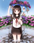  1girl absurdly_long_hair absurdres black_eyes black_hair blue_flower blush bush closed_mouth commentary_request cowboy_shot day dot_nose feet_out_of_frame flower heripiro highres holding holding_umbrella long_hair looking_at_viewer original partially_submerged pink_flower pond purple_flower ribbon school_uniform serafuku short_sleeves skirt smile solo teruterubouzu umbrella very_long_hair water_drop yellow_flower 