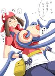  breast_grab breasts brown_hair grabbing haruka_(pokemon) highres may nintendo nipples pokemon puffy_nipples tangrowth tentacle tentacles 