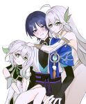  1boy 2girls ahoge anemo_symbol_(genshin_impact) arm_cutout armlet arms_at_sides belt between_legs black_belt black_bodysuit black_bow black_shorts blue_cape blue_gem blue_kimono blue_sleeves blunt_ends blush bodysuit bow bracelet braid breasts bright_pupils cape chest_markings clenched_hand clothing_cutout commentary_request cross-shaped_pupils detached_sleeves dress embarrassed feathers gem genshin_impact girl_sandwich gold gold_armlet gold_bracelet gold_trim green_eyes green_sleeves hair_between_eyes hair_ornament half_crown_braid hand_between_own_legs hand_up headpat hetero highres japanese_clothes jewelry juban kimono korean_commentary layered_sleeves leaf leaf_hair_ornament long_dress long_hair looking_at_another looking_at_viewer mandarin_collar multiple_girls nahida_(genshin_impact) neck_ring open_clothes open_kimono open_mouth parted_lips pointy_ears pom_pom_(clothes) purple_eyes purple_hair purple_rope purple_sash rope rukkhadevata_(genshin_impact) sandwiched sash scabu scaramouche_(genshin_impact) see-through_clothes see-through_sleeves short_dress short_sleeves shorts side_cape side_ponytail sideboob sidelocks sitting sitting_on_lap sitting_on_person smile split_mouth sweatdrop symbol-shaped_pupils tassel tsurime wanderer_(genshin_impact) wavy_mouth white_background white_dress white_hair white_kimono white_mouth white_pupils white_sleeves wispy_bangs wolf_cut yellow_feathers 