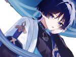  1boy arm_at_side armor bishounen black_bodysuit black_bridal_gauntlets blue_cape blue_kimono blue_sleeves blunt_ends bodysuit bridal_gauntlets cape choppy_bangs colored_inner_hair commentary eyeliner from_below genshin_impact gold hair_intakes hand_on_own_face hand_up japanese_armor japanese_clothes juban kimono kote kurokote layered_sleeves looking_at_viewer makeup male_focus mandarin_collar multicolored_hair open_clothes open_kimono open_mouth portrait purple_eyes purple_hair purple_rope red_eyeliner rope scaramouche_(genshin_impact) short_sleeves side_cape sidelighting solo tsurime wanderer_(genshin_impact) white_background white_kimono white_sleeves wolf_cut yupi_(xayaox) 