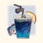  1girl ameya_(kappadoll) blue_background blue_eyes blue_hair blush_stickers border bow chibi chibi_only closed_mouth commentary_request cup drink drinking_glass drinking_straw fading_border grey_bow grey_hat hat hololive hoshimachi_suisei ice ice_cube long_hair looking_at_viewer outside_border plaid_bow plaid_hat smile solo virtual_youtuber white_border 