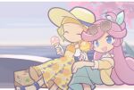  2girls ahoge alternate_costume arched_back blonde_hair blue_bow blue_pants bow box cardboard_box casual cherry_blossoms closed_eyes closed_mouth commentary_request dress fog food food-themed_hair_ornament food_print fruit_print gina_(puyopuyo) hair_bow hair_ornament hand_on_own_leg holding holding_food holding_ice_cream holding_ice_cream_cone horizon ice_cream ice_cream_cone jacket long_hair multiple_girls ocean official_style open_mouth orange_dress orange_hair_ornament orange_print pants pimyuhuwa pink_hair print_dress puyopuyo puyopuyo_quest raffina_(puyopuyo) short_hair sitting smile sundress tank_top twitter_username very_long_hair white_tank_top yellow_jacket 