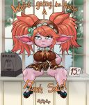 absurd_res big_breasts big_hair bottomwear breasts brown_bottomwear brown_clothing brown_gloves brown_handwear brown_skirt brown_topwear cafe_cuties_poppy_(lol) clothed clothing dialogue eyelashes female footwear front_view fur gloves green_clothing green_eyes green_footwear green_shoes hair handwear hi_res humanoid humanoid_pointy_ears league_of_legends nightlydayart orange_hair panties pigtails pink_body pink_fur pointy_ears poppy_(lol) raised_bottomwear raised_clothing raised_skirt riot_games shoes shortstack sitting skirt solo tencent text thick_thighs topwear underwear wide_hips yordle