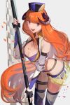  1girl absurdres arknights bagpipe_(arknights) bagpipe_(queen_no._1)_(arknights) bare_shoulders black_gloves blue_hat blue_shorts breasts checkered_flag cleavage commentary commentary_typo crop_top dragon_girl dragon_horns english_commentary fingerless_gloves flag gloves hat highres holding holding_flag horns long_hair looking_at_viewer midriff official_alternate_costume open_mouth orange_hair purple_eyes race_queen see-through_clothes see-through_skirt shorts showgirl_skirt simple_background skirt smile solo thighhighs very_long_hair vic_(vedream) white_background 