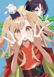  3girls absurdres animal_ears beko_(eec3h7dk8bvipiu) brown_eyes brown_hair cho_kaguya-hime! commentary_request double_w egasumi forehead_jewel fox_ears fox_girl fushi_(cho_kaguya-hime!) green_eyes highres kaguya_(cho_kaguya-hime!) kaguya_(tsukuyomi)_(cho_kaguya-hime!) looking_at_viewer multiple_girls open_mouth rabbit_ears rabbit_girl red_eyes runami_yachiyo runami_yachiyo_(mini) runami_yachiyo_(tsukuyomi) sakayori_iroha sakayori_iroha_(tsukuyomi) seigaiha swimsuit w 