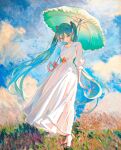  1girl absurdres blue_hair collarbone commentary dixretsa dress_flower fine_art_parody flower full_body hatsune_miku high_heels highres holding holding_umbrella impressionism long_hair outdoors parody solo standing twintails umbrella very_long_hair vocaloid woman_with_a_parasol 