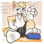 1:1 3_toes anthro black_bottomwear black_clothing black_shorts blue_eyes blush bottomwear claws clothing domestic_cat english_text feet felid feline felis footwear fur hi_res lotion_bottle male mammal mat one_sock pawpads pink_pawpads sam0120 shorts sock_fetish socks solo sweat_stain tan_body tan_fur text toes topwear vest whiskers white_clothing white_feet white_footwear white_hands white_socks white_topwear white_vest