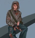  1boy bag black_hair black_shirt blood blood_on_clothes combat_knife commentary cry_of_fear english_commentary exhausted grey_hoodie highres holding holding_knife holding_syringe hood hood_up hoodie hvcklebury knees_apart_feet_together knife male_focus scar self-harm_scar shirt short_hair shoulder_bag simon_henriksson sitting solo syringe weapon 