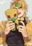  1boy abs black_nails black_shirt blonde_hair commentary dio_brando dotted_line ear_piercing earrings fingernails gold_bangle green_headband headband heart heart_headband highres holding holding_stuffed_toy jacket jewelry jojo_no_kimyou_na_bouken komiya_harumoto long_fingernails long_sleeves male_focus medium_hair nail_polish one_eye_covered open_mouth piercing red_eyes shirt solo stardust_crusaders stuffed_toy the_world_(stand) tight_clothes tongue tongue_out untranslatable_commentary upper_body yellow_jacket 