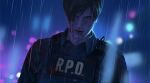  1boy black_vest bleeding blood blood_on_face blue_shirt blurry bokeh brown_hair collared_shirt depth_of_field heid_joy highres leon_s._kennedy looking_at_viewer male_focus neon_lights night outdoors police police_uniform rain resident_evil resident_evil_2 resident_evil_2_(remake) serious shirt short_hair sidelighting solo upper_body vest walkie-talkie 